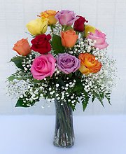 DOZEN MIXED COLOR ROSES WITH FILLER